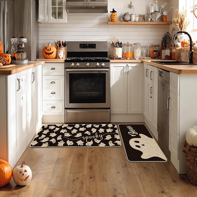 Artoid Mode Spooky Ghosts Boo Halloween Kitchen Mats Set of 2, Black Home Decor Low-Profile Kitchen Rugs for Floor - 24x35 and 24x59 Inch