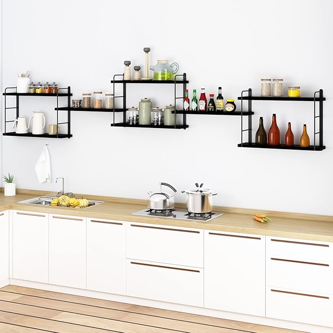 Wall Mounted Floating Shelves, Wall Shelves, Rustic Wall Decor Wood Shelves for Bedroom, Living Room, Bathroom and Kitchen Storage, Easy Installation (5, Black)