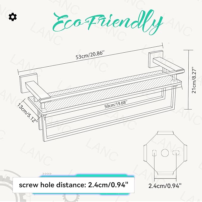 Bathroom Glass Shelf with Bars 20-Inch Floating Tempered Glass Shelves with 2 Towel Rails Cologne Shelf for Men Shower Bath Storage Glass Rack Wall Mount Heavy Duty Black and Gold,A7617GK