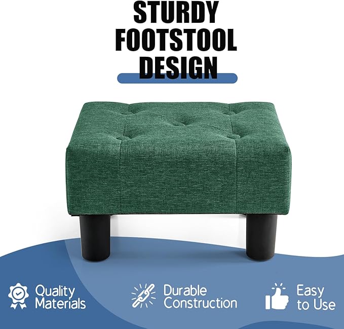 BRIAN & DANY Small Foot Stool, Linen Foot Stools with Legs, Stable Small Footstool for Living Room, Green