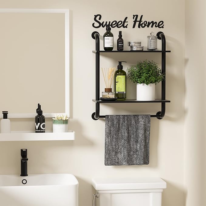Bathroom Shelves Wall Mounted, Rustic Farmhouse Pipe Shelves, Wall Shelves 2-Tier, Industrial Pipe Shelving, Floating Shelf Decor for Bathroom, Kitchen, Bedroom, Living Room 17.3in Black