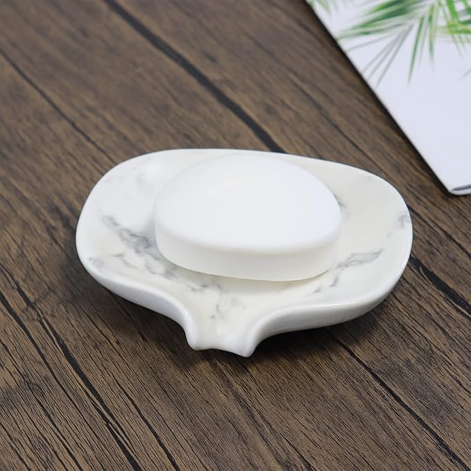 White Marble Texture Soap Dish Ceramic Soap Holder Self Draining Soap Dish Waterfall Slot Sponge Holder Bathroom Accessories for Bathroom, Kitchen,Bar Counter.