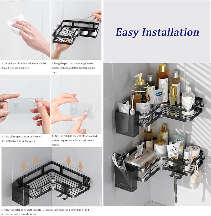 Corner Shower Caddy,2 Pack Rustproof Corner Organizer Shelves,No Drilling Stainless Steel Shower Organizer for Bathroom,Bathtub,Shower Pan,Bath Accessories Shower Caddies(Black)