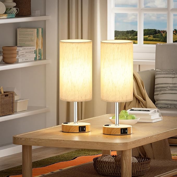 17.4Inches Tall Touch Bedside Table Lamps Set - 3 Way Dimmable Bedroom Lamp with USB C Ports, Small Desk Lamps for Nightstand with AC Outlet for Dorm/Bathroom/Kitchen/Living Room
