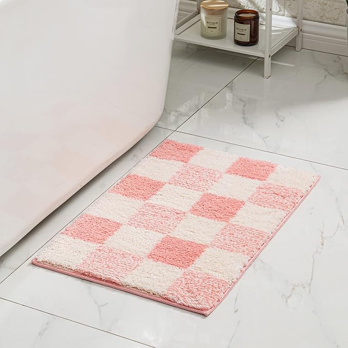 CozeCube Pink Checkered Bath mats for Bathroom Non Slip, Fluffy Absorbent Microfiber Bath mat Washable, Aesthetic Bathroom Rugs, Large Bath mat for Shower, 36" x 24"