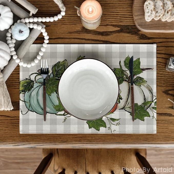Artoid Mode Buffalo Plaid Pumpkins Leaves Fall Placemats Set of 4 for Table Runner, Kitchen Dining Table Decoration for Indoor Party 12x18 Inch
