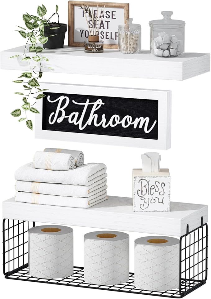 QEEIG Bathroom Shelves Over Toilet - Paper Storage Wall Mounted Farmhouse Decor Decorations Aesthetic Décor Sign Small Floating Shelf 2+1 Set 16 inch, White and Black (020WB)