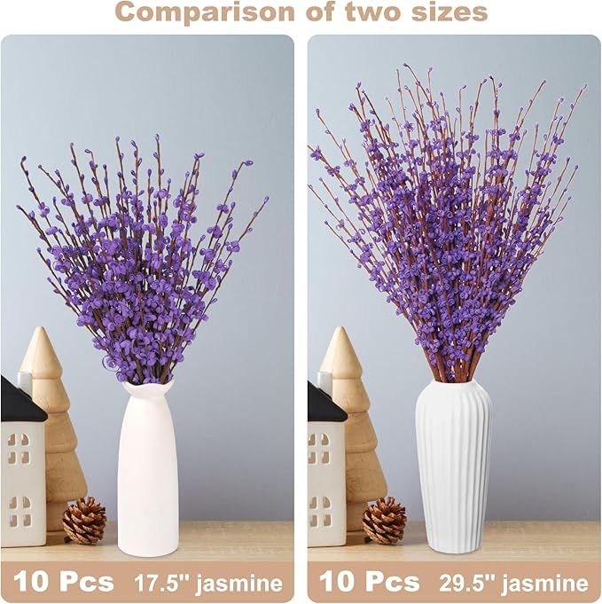 10Pcs 17.5'' Purple Flowers Jasmine Fake Flowers, Faux DIY Floral Art with Pussy Willow Branches for Wedding Bouquets Home Office Table Centerpieces Birthday Halloween Party Decorations