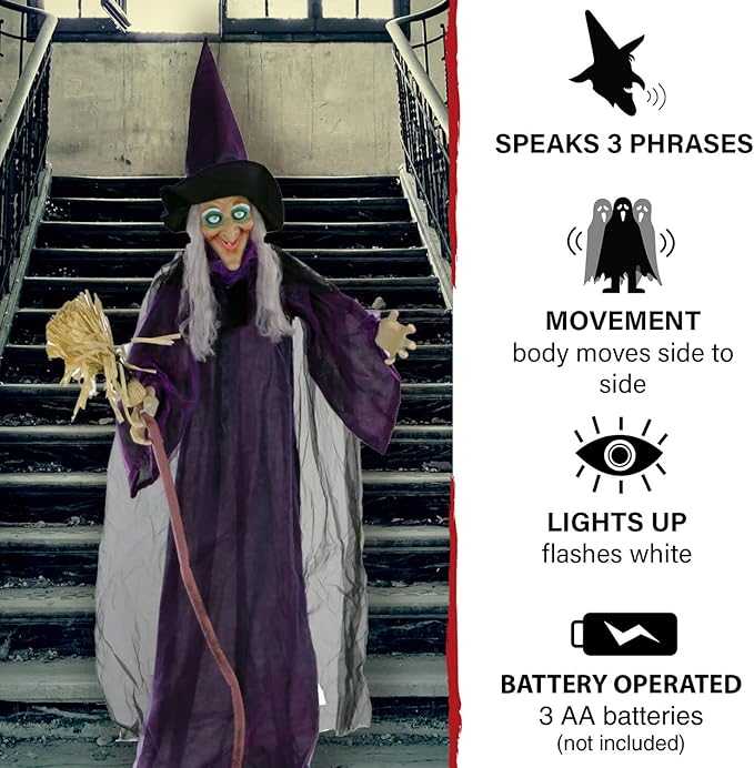 Haunted Hill Farm Life-Size Scary Talking Witch with Broomstick, Halloween Animatronic with Touch Activated Lights and Sound, Battery Operated Indoor or Covered Outdoor Halloween Decorations