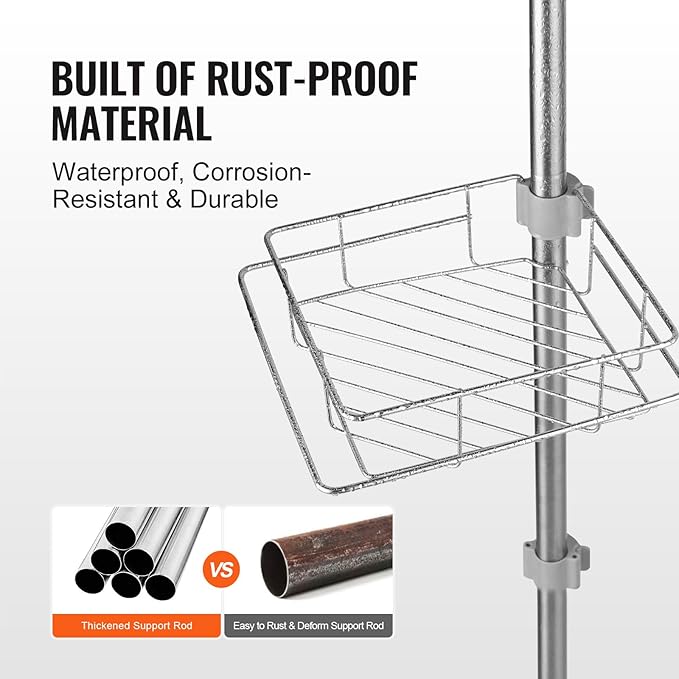 VEVOR Shower Corner Caddy Tension Pole, 42" to 114" High, Multi-Functional Shower Tension Pole with Strong Load-Bearing Tray, Rust-Proof Easy-to-Install, Fit for Bathroom & Washroom