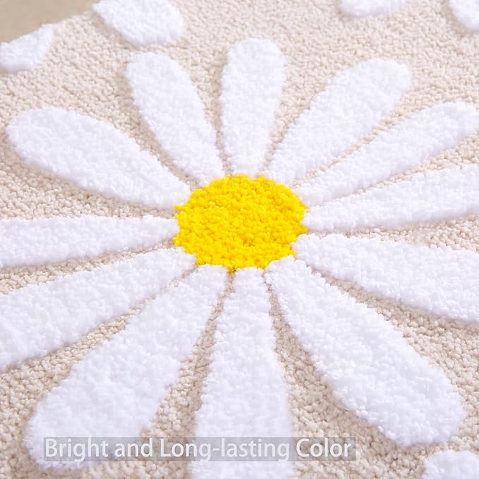 QJHOMO Beige Bathroom Rugs Cute Daisy Bath Mat White and Yellow Flower Decor Rug Non Slip Floor Carpet Microfiber Bathmat Super Absorbent Machine Washable Bathtub Mats for Shower (24x48 inch)