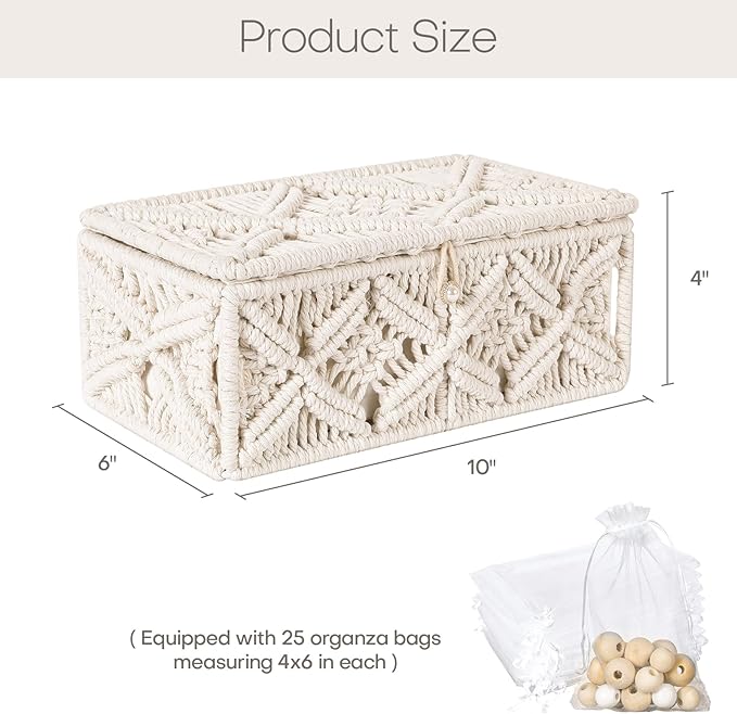 ANMINY Macrame Storage Basket with Lid & 25Pcs Organza Gift Bags Bohemian Jewelry Box Handmade Woven Natural Cotton Rope Lidded Bin Decorative Desktop Organizer Countertop Tank Shelf Cabinet Container