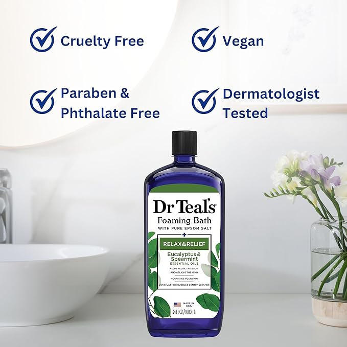 Dr. Teal's Eucalyptus and Spearmint Foaming Bath 34oz Bottles (Pack of 2) with Variety Junction Premium Bath Sponge - Relax and Relief, Bubble Bath, Relaxing, Men's and Women's