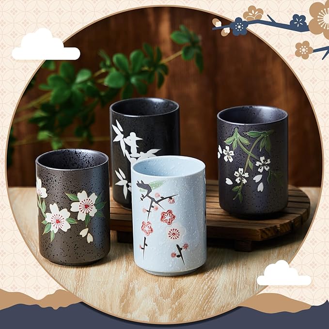 4 Pcs Japanese Tea Cups Handle Less Ceramic Japanese Gifts Chinese Restaurant Teacups Japan Mug Souvenirs for Matcha Bancha Green Tea(10 oz,Sakura)