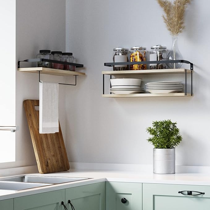 RICHER HOUSE 2+1 Tier Wall Mounted Floating Shelves Set of 2, Rustic Wood Wall Shelf with Metal Frame, Extra Storage Rack for Bathroom, Kitchen, Bedroom with Tissue Rack & Towel Bar - Rustic Wood