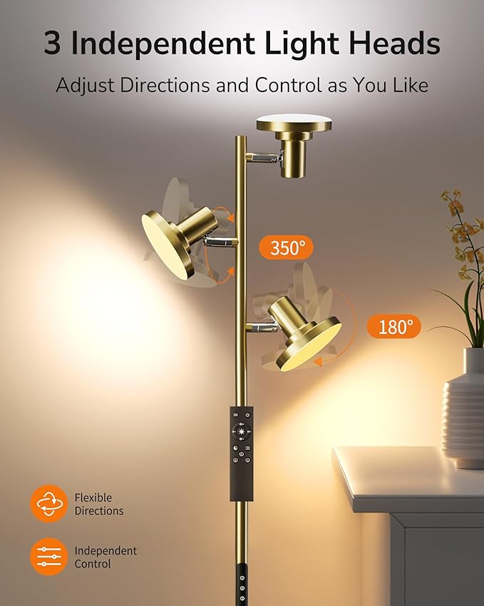 ULG Floor Lamp with Shelf 3-Light Standing Tree Lamp Independent Control Modern Decor Light Color/Intensity Changing Remote & Button Control 1200lm LED Lamp for Living Room Home Office Bedroom, Gold