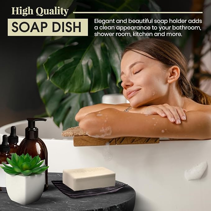 Modern Zen Black Ceramic Soap Dish - 4.9 x 3 Inches Sleek Bathroom Soap Tray - Durable Bar Soap Holder with Soap Saver Ridges, Black Soap Dish for Bathroom, Kitchen, or Shower