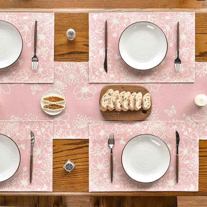 Artoid Mode Pink Bloom Flowers Summer Placemats Set of 4, 12x18 Inch Seasonal Spring Table Mats for Party Kitchen Dining Pink Decoration
