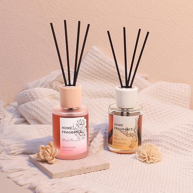 Reed Diffuser - Sea Guaiac Wood&Pink Peony 4.06oz (120ml) 2 Packs Essential Oil Reed Diffuser Set with 16 Sticks, Long Lasting Fragrance for Home, Bathroom, Bedroom, Room, Decor