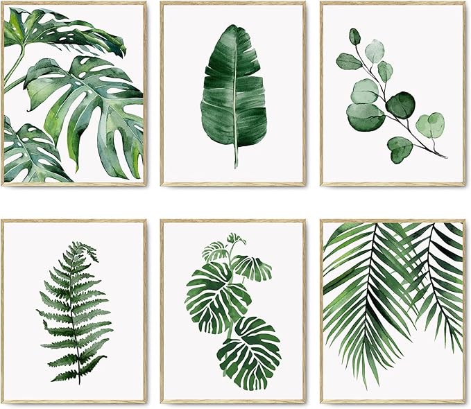 HoozGee Green Botanical Wall Art Print Set of 6 Natural Plant Leaves Home Decor Boho Leaf Bathroom Wall Art Canvas Plant Posters Leaf Art Prints Poster Set Room Decor (8"x10" UNFRAMED)