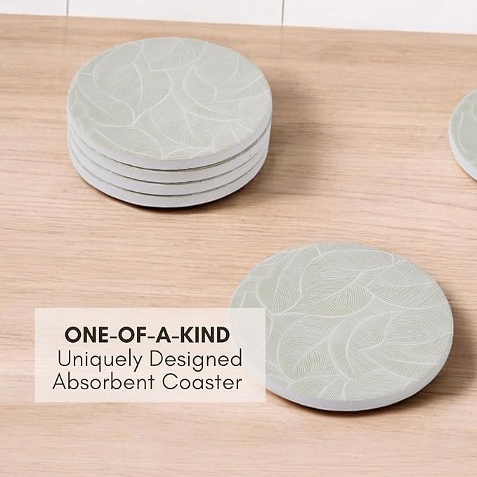 Ceramic Absorbent Coasters Set of 6 with Holder, Marble Drink Coasters for Coffee Table, Water Absorbing Coaster (Leaf)