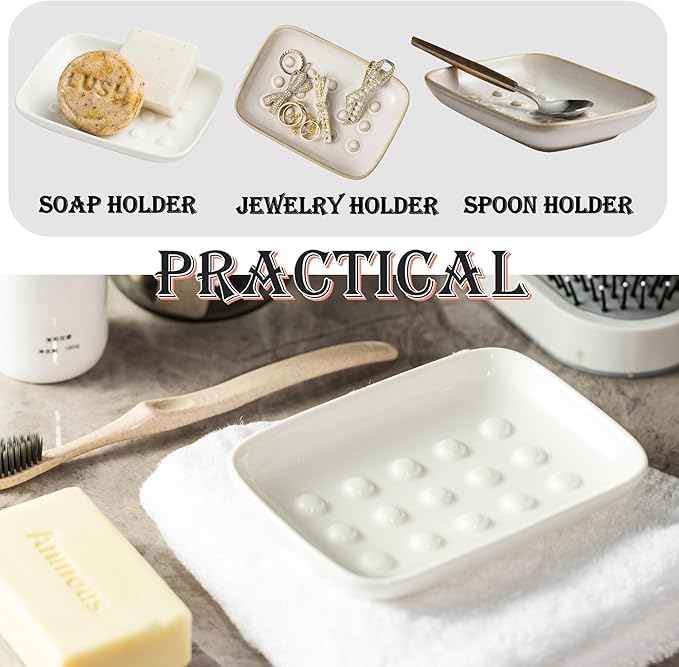 Soap Dish, Ceramic Soap Holder Shower Soap Dish for Bar Soap Sponge, Soap Saver Tray for Bathroom Kitchen Sink, White