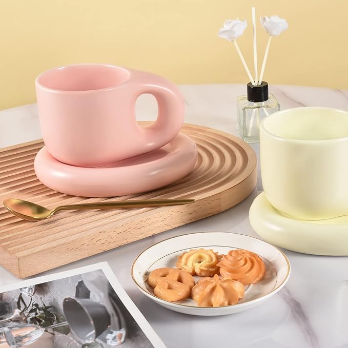 Koythin Ceramic Coffee Chubby Mug Saucer Set, Creative Cute Fat Handle Cup with Saucer for Office and Home, Dishwasher and Microwave Safe, 10 oz for Latte Tea Milk (Pink)