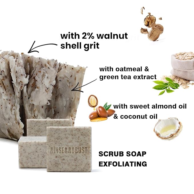 Rinse & Robust Mens Bar Soap Bath Bar Soap 3Pack Handmade Natural Soap Bar Set Cleansing Bar Moisturizing&Exfoliating Scrub Soap Fathers Day Gift Set | Leather, Sandalwood, Teakwood | 3.5 oz of 3 Bars