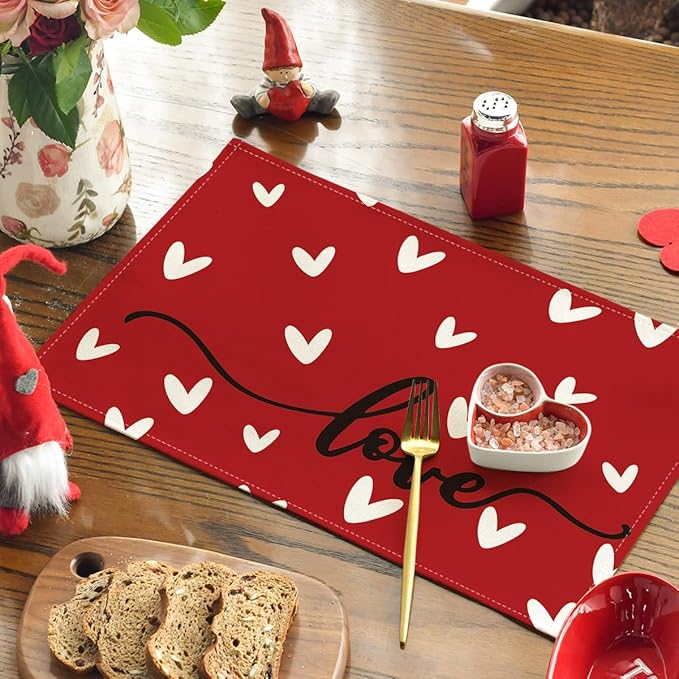 Artoid Mode Red Love Placemats Set of 6, 12x18 Inch Seasonal Anniversary Holiday Table Mats for Party Kitchen Dining Decoration