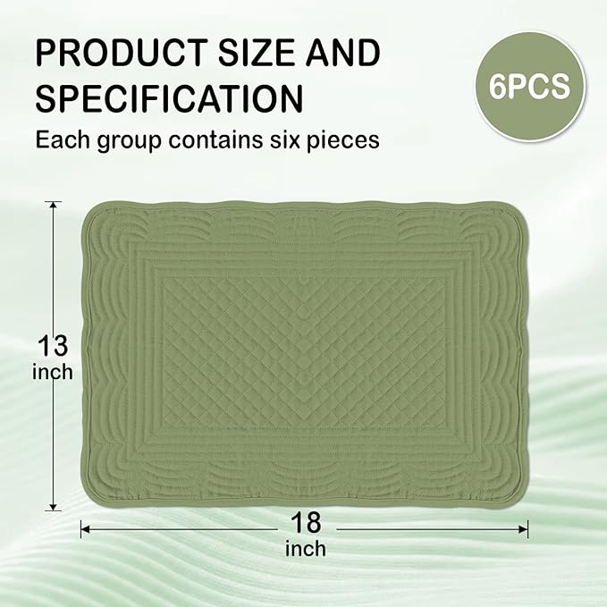 Green 100% Cotton Placemats Set of 6, Rectangular Placemats Machine Washable-13x18 Inches for Kitchen or Dining Table Fabric Rectangular Table Mats
