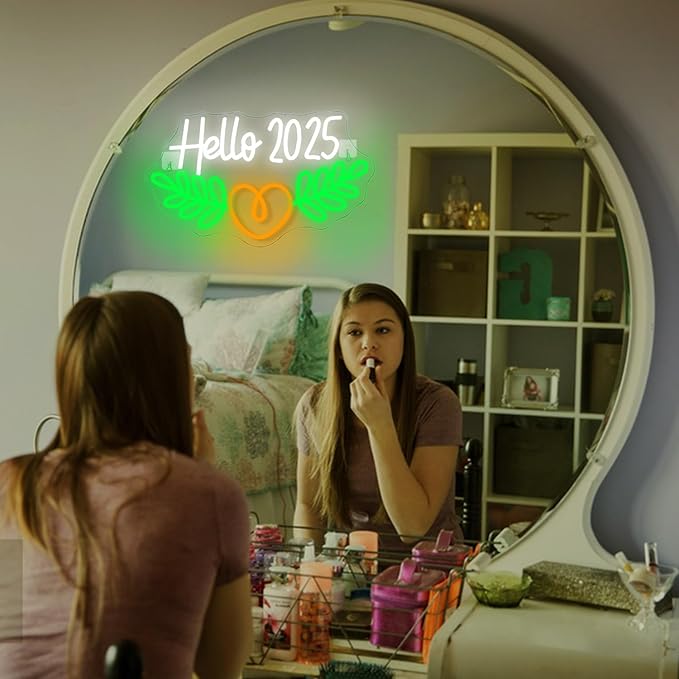 Lucunstar Hello 2025 Neon Sign,Neon Sign 2025,Led Neon Light for Wall Decor,Light Up Sign for Bedroom Decor,Dimmable Switch USB Connectivity Neon Signs for Holiday Party Light,Festival Celebration