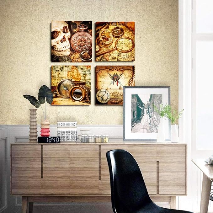 Pirate ship compass Restoring ancient ways Wall Art for living room Canvas Prints Artwork bathroom Wall Decor Watercolor painting 4 Piece Framed bedroom wall decorations Office Home Decoration