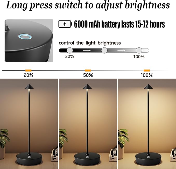 2Pack Rechargeable Cordless Table Lamp, Portable Powered LED Battery 6000mAh Metal USB Desk Lamp, 3 Levels Brightness Light for Restaurants Outdoor (2pack Black)
