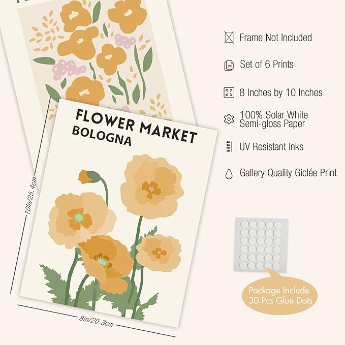 InSimSea Wall Art Prints Poster Flower Market Posters Wall Art Prints - Set of 6 Floral Art Botanical Plant Artwork Wall Decor, Vintage Pictures Home Deocr for Room Aesthetic 8x10 UNFRAMED