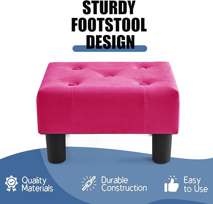 BRIAN & DANY Small Foot Stool, Velvet Foot Stools with Legs, Stable Small Footstool for Living Room, Rose Red
