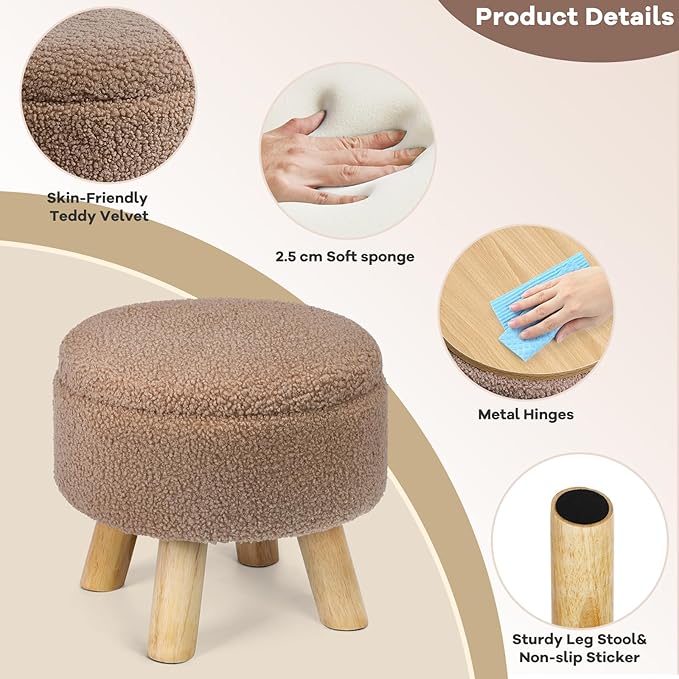 Ottoman Foot Rest, Small Round Ottoman with Storage, Boucle Teddy Velvet Footstool with Wood Legs, Soft Sponge Storage Ottoman for Living Room, Bedroom, Couch, Enterway (Camel Brown)