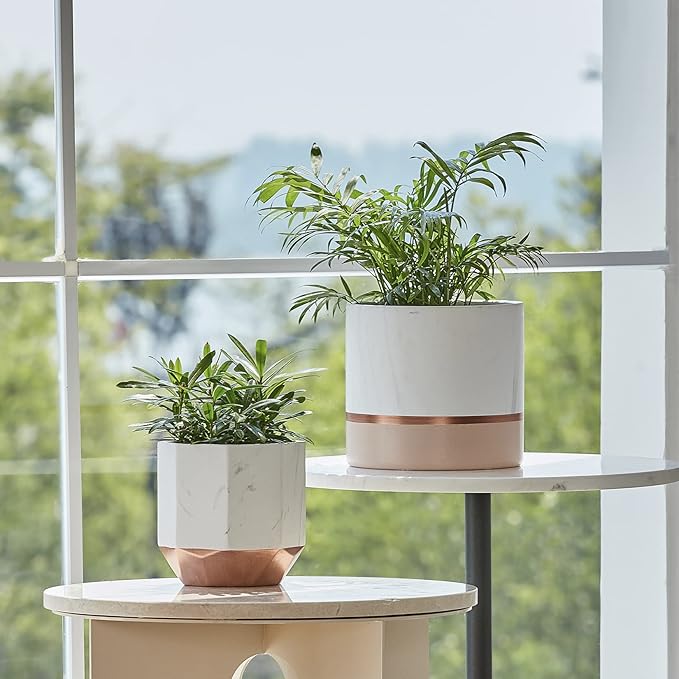 LA JOLIE MUSE White Ceramic Flower Pots - 6.7 + 5.4 Inch Indoor Planters, Plant Containers in a Marble Ink Pattern with Rose Gold and Pink Detailing