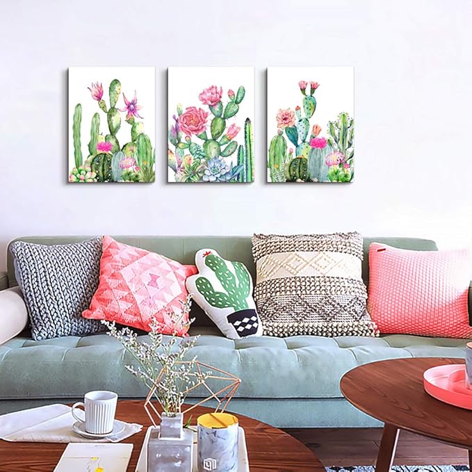 Canvas Wall Art for living room bathroom Wall Decor for bedroom kitchen artwork Canvas Prints green cactus flowers painting 12" x 16" 3 Pieces Modern framed office Home decorations family picture