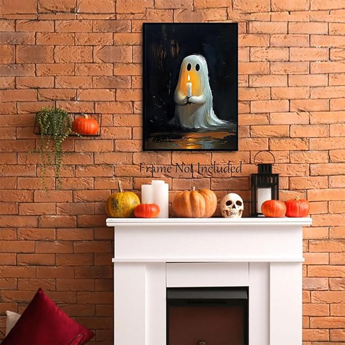 ILLBDR Cute Ghost Canvas Wall Art Halloween Decor Vintage Painting, Spooky Silhouette Ghost Holding Candle Haunted House Art, Bedroom Gothic Decor Ready to Hang, 16x24 Inch Unframed