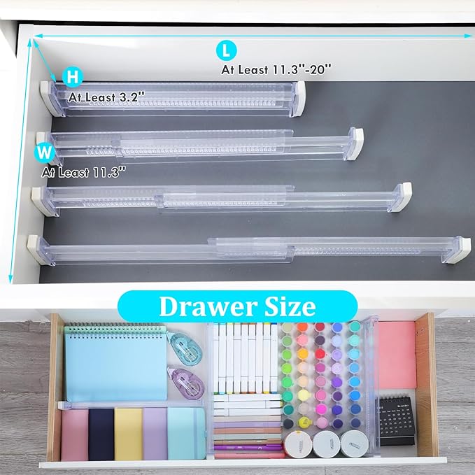 Drawer Dividers, 12 Pack Adjustable Drawer Organizers 3.2" High Expandable from 11.3-20" Clear Expandable Dresser Organizer for Clothes Kitchen Utensils Cutlery Drawer Organizers Set