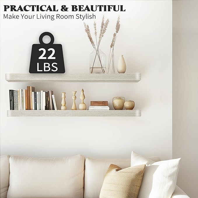 Floating Shelves Set of 2, 17-Inch Wall Mounted Modern Wood Shelves With Invisible Brackets for Bathroom, Living Room, Bedroom and Kitchen, Grey