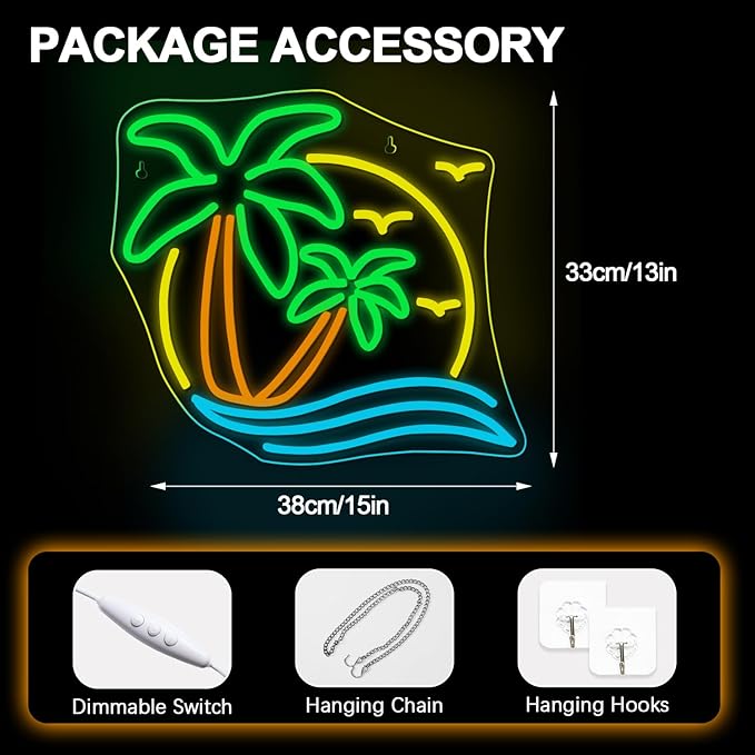 NOSUN Tropic Neon Sign Palm Tree Neon Signs for Wall Decor Hawaiian LED Neon Lights Coconut Tree Tropic Neon Signs for Bedroom Bar Party Men Cave Game Room Sea Neon Light Sign Tropic Wall Art Decor