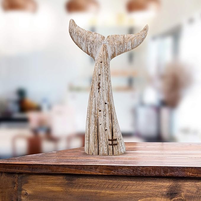 E-view Wood Whale Statue Wooden Nautical Decor for Home - Antique Fish Figures Decoration Animal Statues Beach Themed Wall Art (Whale Tail Figurine)
