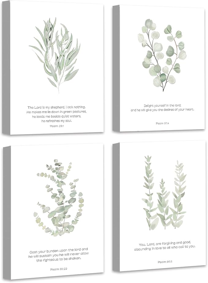 FRAMED Inspirational Scripture Canvas Wall Art,Motivational Christian Wall Art,Bible Verses Wall Decor,Bible Verse Art Prints,Light Green Botanical Painting Picture,Set of 4,8”x 10”