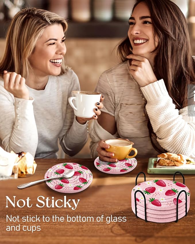 Cup Coasters for Drinks Absorbent - for Coffee Wooden Table Office Cute Farmhouse Outdoor Rustic Desk Kawaii Woven Women Kids Soft Cloth Braided Fabric Strawberry Coaster Set of 6 with Holder