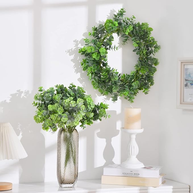 24pcs Artificial Eucalyptus Stems Fake Eucalyptus Leaves Branches Faux Greenery Stems for Vase Home Wedding Bouquet Wreath Decor, Grey Green