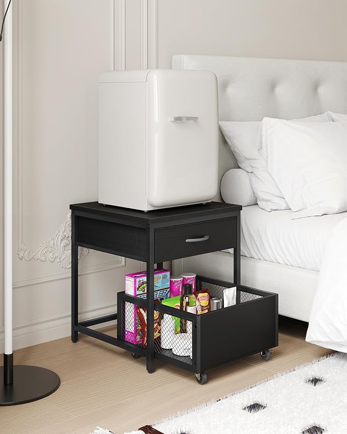 End Table, 19.7 Inch Square Side Table, Mini Fridge Stand with Storage, Nightstand with Mobile Basket Cart, for Living Room, Bedroom, Black TBZ55BB