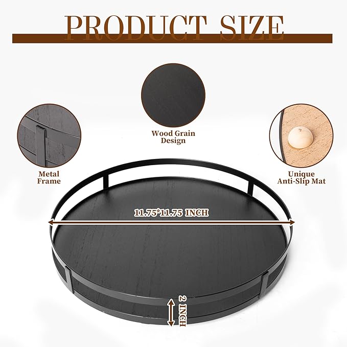 Defined Deco 12in Decorative Tray-Round Serving Tray with Metal Handle-Black Decorative Tray for Home Decor,Living Room Decor,Coffee Table Decor,Rustic Wooden Tray for Kitchen Table Decor,Dining Table