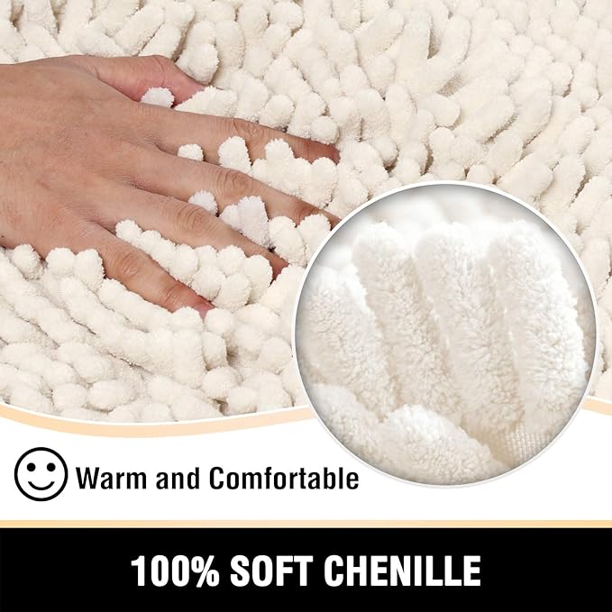 H.VERSAILTEX Toilet Mat U Shaped Bathroom Rugs Bath Mats for Bathroom Non Slip Luxury Chenille Bath Mat U Shape 20x24 Extra Soft and Absorbent Shaggy Rugs Washable Dry Fast - Ivory