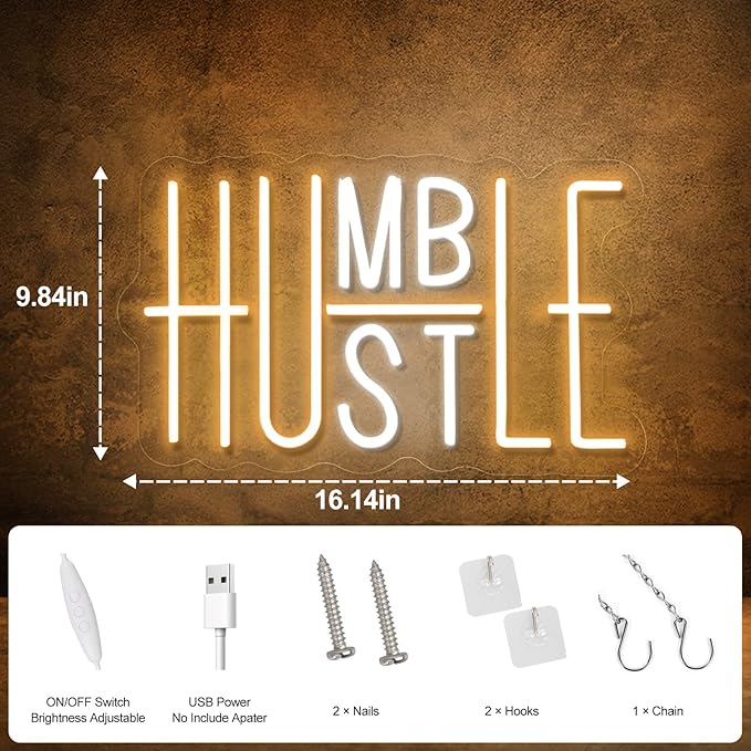Hustle LED Neon Sign for Wall Decor, Humble Party Decorations, USB Powered Switch Adjustable Brightness LED Neon Lights, for Office Room, Gym Room, Man Cave Decor (Yellow&White)
